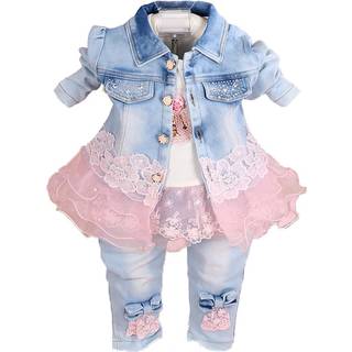 Yao Little Girls Denim t?j s?t 3 stykker s?t t shirt denimjakke og jeans (lyser?d 4-5 ?r)