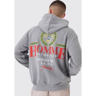 Mens Charcoal Regular Fit Washed Racing Print Zip Through Hoodie