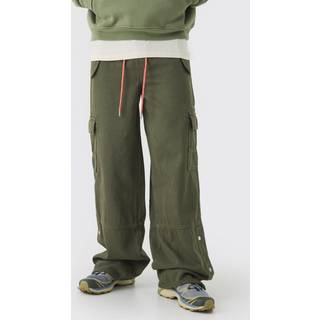 Mens Khaki Baggy Fit Twill Cargo Popper Hem Cargo Trousers