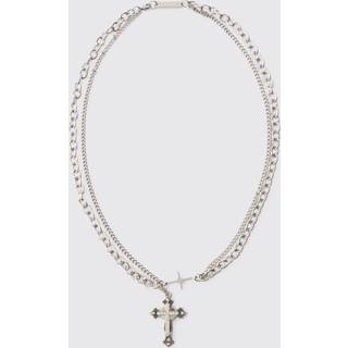 Mens Silver Cross Pendant Multi Layer Necklace