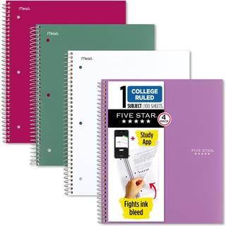 Fem-stjernet spiral notebooks undersøgelse App 4 Pack 1 Subject College styrede papir 8-1/2 """" X 11 """" 100 Sheets Purple Pink White Green (82033