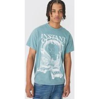Mens Teal Regular Fit Washed Scenic Line Drawing Printed T-Shirt