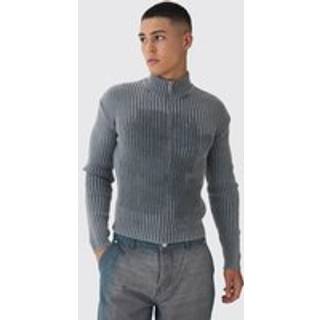 Mens Grey Muscle Fit Acid Wash Knit Zip Through Jumper