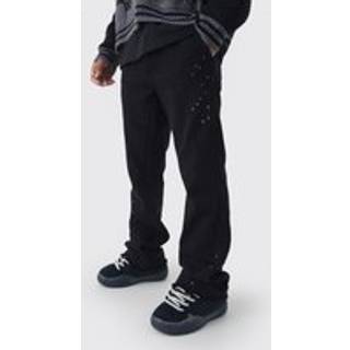 Mens Black Relaxed Flared Carpenter Paint Splatter Trousers