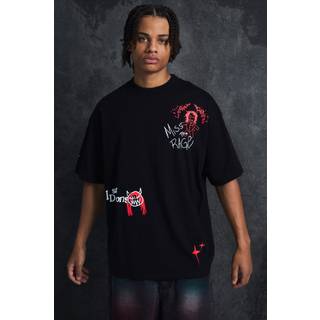 Mens Black Trippie Redd Oversized Extended Neck Heavyweight Printed T-shirt