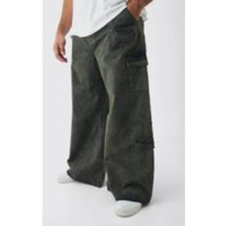Mens Black Plus Elasticated Waist Relaxed Heavyweight Washed Multi Cargo Trousers