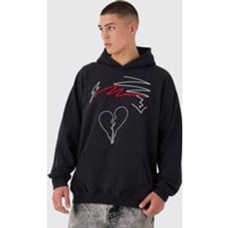 Mens Black Oversized Doodle Print Man Embroidered Hoodie