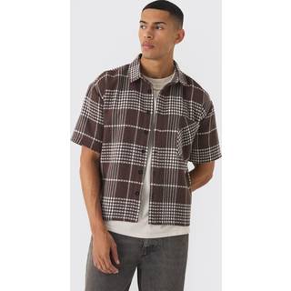 Mens Brown Oversized Twill Check One Pocket Boxy Quarter Sleeve Shirt
