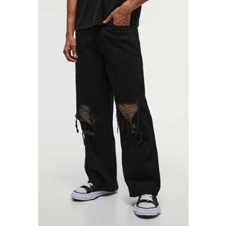 Mens Black Baggy Fit Rigid Ripped Embellished Jeans