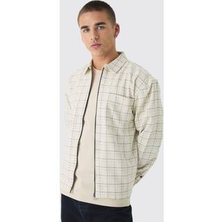 Mens Stone Oversized Boxy Boucle Check Zip Overshirt