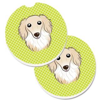 """" Caroline's Treasures Checkerboard Lime Green Longhair Creme Dachshund Set på 2 Cup Holder Car Coasters BB1274Carc 2.56 Multicolor """"