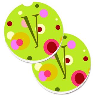 """" Caroline's Treasures Letter v Monogram - Lime Green Set med 2 Cup Holder Car Coasters CJ1010 -VCARC 2.56 Multicolor """"