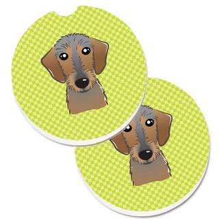 """" Caroline's Treasures Checkerboard Lime Green Wirehaired Dachshund Set med 2 Cup Holder Car Coasters BB1295Carc 2.56 multicolor """"