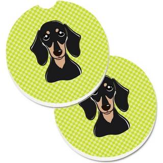 """" Caroline's Treasures Checkerboard Lime Green glat sort & solbrun Dachshund -sæt med 2 kopholder Bilkaster BB1277CARC 2.56 Multicolor """"
