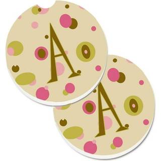 """" Caroline's Treasures Letter A Monogram - Tan Dots Set med 2 Cup Holder Car Coasters CJ1004 -ACARC 2.56 Multicolor """"