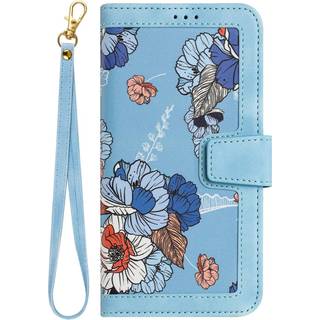 iPhone 15 Plus Læder Flip Cover m. Pung & Strop - Blå m. Blomster