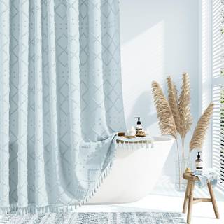 Dynamene Fog Blue Fabric Broesforhæng Boho tuftet geometrisk stribet kvast bruseforhæng til badeværelse lurvet chic tekstureret bondegård vandtæt