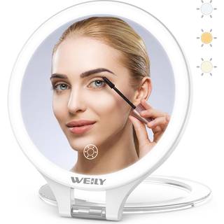 WEILY forstrrelsesspejl med lys 10X/1X forstrrelse Dobbeltsidet rejsesminkespejl med 3 farvelys Touch Control Genopladeligt brbart spejl til s