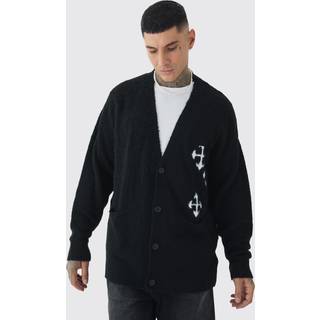 Mens Black Tall Fluffy Knit Gothic Cross Applique Cardigan