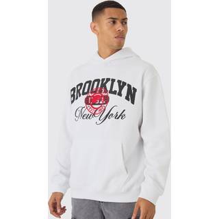 Mens White Oversized Brooklyn Varsity Graphic Hoodie