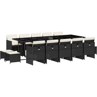 Spisebordssæt Til Haven 11 Dele Med Hynder Polyrattan Beige - 14 / Sort og cremefarvet / Glas