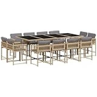 Spisebordssæt Til Haven 15 Dele Med Hynder Polyrattan Sort - 12 / Blandet beige / Glas