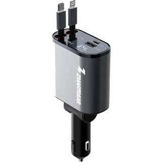 Zmartgear 4-i-1 60W Biloplader m. Udtrækkelig Lightning Kabel & USB-C - USB-C & USB-A Port - Sort