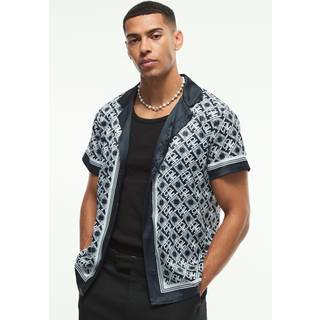Mens Navy Regular Fit Monogram Satin Shirt