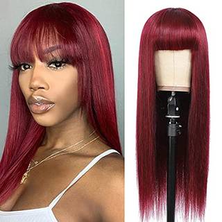 Kislemon Burgund Lige menneskeh?r paryk med pandeh?r Mongolsk remy h?r limfri ingen blonder front menneskeh?r parykker R?d til kvinder 99J Farve