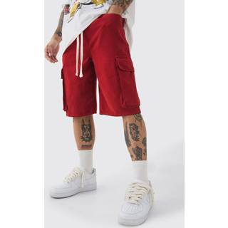 Mens Red Baggy Fit Elasticated Waist Extended Drawcord Cargo Shorts