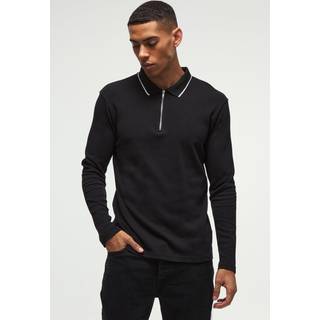 Mens Black Regular Fit Long Sleeve 1/4 Zip Interlock Tipped Polo