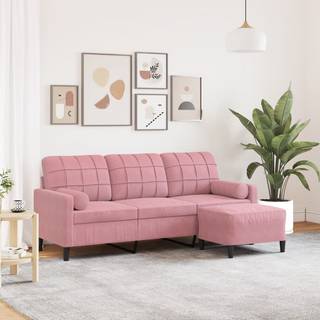 3-Personers Sofa Med Fodskammel Velour - 180 cm / Lyserød
