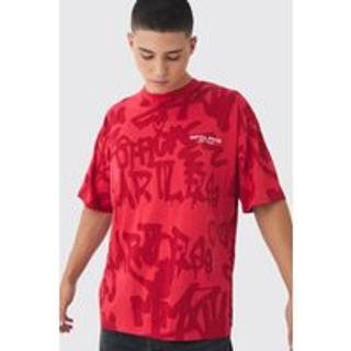 Mens Red Oversized All Over Graffiti Printed T-Shirt