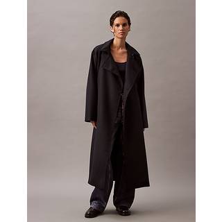 Long Wool Twill Blend Trench Coat - Blue - L