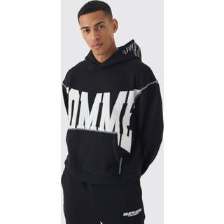 Mens Black Oversized Boxy Twill Applique Contrast Stitch Hoodie