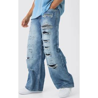 Mens Light Blue Super Baggy Rigid Rip & Repair Jeans