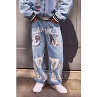 Mens Mid Blue Extreme Baggy Rigid Exclusive Applique Jeans