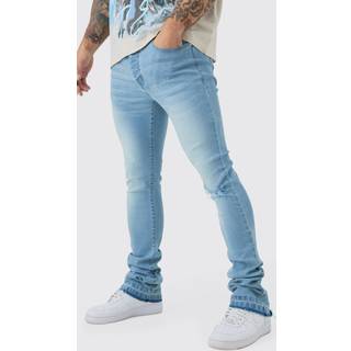 Mens Light Blue Skinny Stacked Flared Jeans With Knee Rip