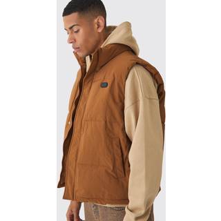 Mens Man Tab Ripstop Funnel Neck Puffer Gilet In Tan