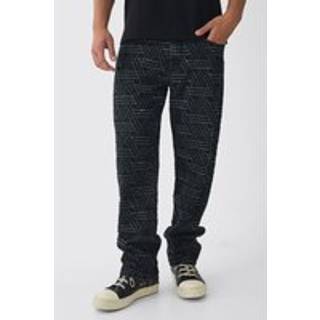 Mens Charcoal Relaxed Rigid Distressed Jacquard Jeans