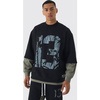 Mens Black Oversized Half Sleeve Faux Layer 13 Applique Sweatshirt