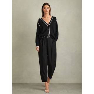 Reiss Reiss Black/Stone Abi Wool Blend Contrast Tipped Cardigan with Cashmere