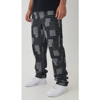 Mens Indigo Relaxed Fit Checkerboard Jacquard Turn Up Hem Jeans