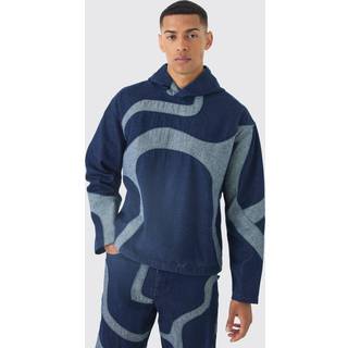 Mens Indigo Boxy Denim Patchwork Applique Hoodie