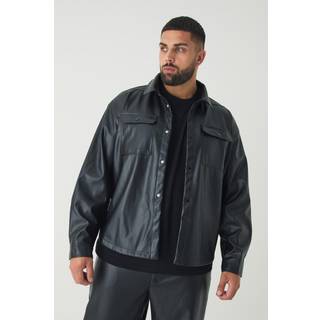 Mens Black Plus PU Long Sleeve Overshirt