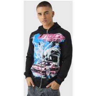 Mens Black Regular Fit Large Scale Underground Moto Graphic Zip Through Hoodie