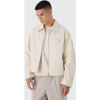 Mens Boxy Textured PU Collared Bomber Jacket In Ecru