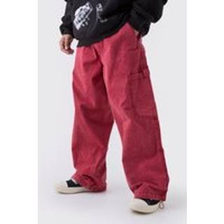 Mens Red Elasticated Waist Super Baggy Oil Wash Cargo Trousers