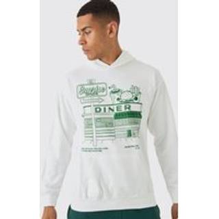 Mens White Regular Fit Sunrise Diner Cartoon Line Drawn Graphic Hoodie