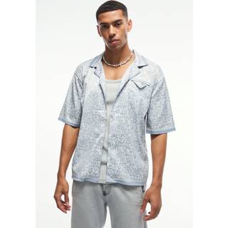 Mens Light Grey Oversized Boxy Leopard Print Satin Shirt